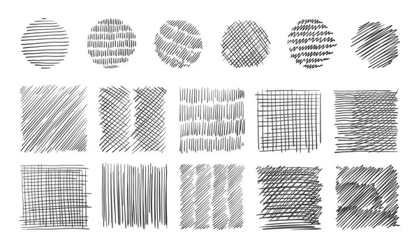 ペンシルストロークパターン。ペンのドアのスクロール。ペンラインで手描きのスケッチの質感。クロスまたは平行ハッチ。白黒の背景。ベクトルスクエアとラウンドハッチング形状セット — ストックベクタ