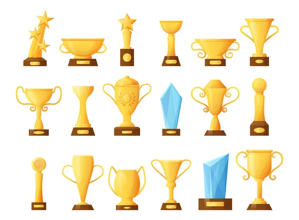 Een stripbeker. Gouden kampioensbeloning. Geïsoleerde winnaar prijs voor competitie. Toernooi trofee vormen. Eerste plaats winnende beker. Game overwinning prijs. Vector prestatie pictogram ingesteld — Stockvector