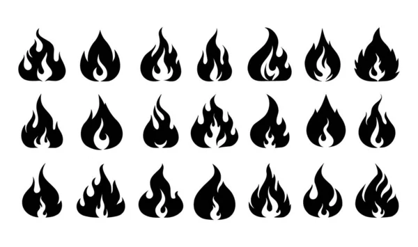 Foc pictogramă neagră. Căldura flăcării. Arderea focului de tabără şi focul de tabără. Logo Blaze. Semn de avertizare fierbinte şi inflamabil. Elemente de aprindere și ardere. Set de simboluri siluetă cu flăcări vectoriale — Vector de stoc
