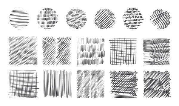 Pencil stroke pattern. Pen doodle scrawl. Hand drawn sketch texture with pen lines. Cross or parallel hatch. Black and white backgrounds. Vector square and round hatching shapes set Royalty Free Stock Vectors