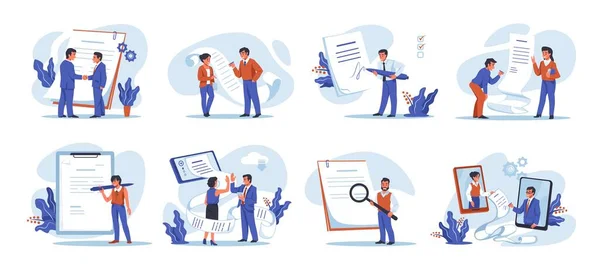 People sign document. Characters signing contract and setting arrangement. Businessmen communication and handshake. Online negotiation. Pen and papers. Vector deal with legal signature set Stock Illustration