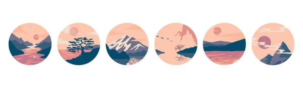 Abstract social media covers. Circle layouts with vintage grungy shapes. Round frames with scenic panoramas. Mountains and river scenery. Highlands landscape. Vector account banners set Stock Vector