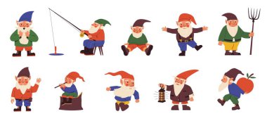 Cute gnomes. Cartoon fairy tale dwarves in different clothes with beards and hoods. Senior fabulous characters fishing or working in garden. Midgets poses. Vector kids illustration set clipart