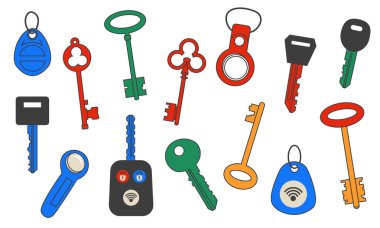 Anahtarlar ve etiketler. Manyetik anahtarlar ve NFC etiketleri. Klasik ve modern giriş kartı koleksiyonu. Ev koruması. Mahremiyet güvenliği. Pas kolyesi. Vektör ev kapısı açıcılar ayarlandı