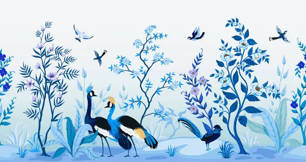Chinoiserie blaues Muster. Nahtloser Druck mit traditioneller orientalischer botanischer Kunst. Pflanzen und Vögel. Asiatischer Hintergrund. Blühende Bäume. Fliegende Tiere. Vektorjapanische Textur — Stockvektor