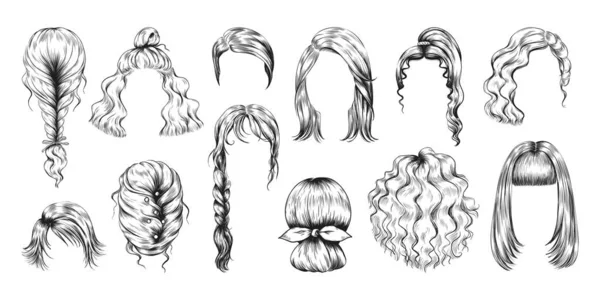 Corte de pelo hecho a mano. Esbozo de peluca femenina. Peinados largos y cortos para mujer. Chicas modelos de salón de belleza. Coiffure con trenza, cola de caballo y moño. Vector peinado lápiz dibujo aislado conjunto — Archivo Imágenes Vectoriales