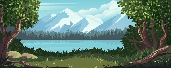 山の風景。モミの森、湖や牧草地と漫画の自然シーンのパノラマ。草のグレード。ロッキー・バレー。野生の夏の風景。岩の山。水と森だ。ベクトル背景 — ストックベクタ