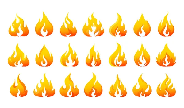 Feuer-Logo. Bunte rote und orangefarbene Flamme. Heiße Temperatur und brennbare Warnung. Flammende Elemente. Zündung und Verbrennung. Lagerfeuer oder Lauffeuer-Symbole. Vektorflammende Zeichen gesetzt — Stockvektor