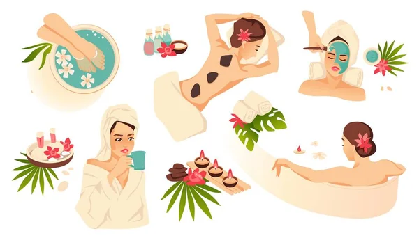 Vrouwen in kuuroorden. Massage, wellness en behandeling procedures. Vrouwelijke huidverzorging en welzijn. Gezichtsmaskers en ontspannende geurbaden. Tropische palmbladeren en bloemen. Vectorcosmetologische verzameling — Stockvector