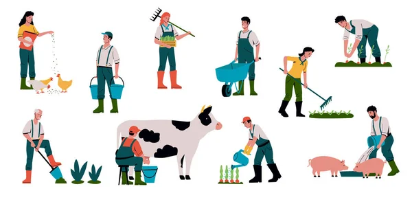 Rolnictwo i hodowla zwierząt. Rolnicy z kreskówek pracują w terenie. Ludzie karmią zwierzęta lub krowy mleczne. Ogrodnicy sprzedają uprawy i dbają o rośliny. Organiczne jedzenie. Zbiór wektorowych pracowników gruntów rolnych — Wektor stockowy
