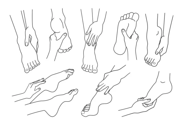 Pieds avec les mains. Cosmétiques de beauté. Modèle graphique de logo médical et de soins de la peau. Décrivez les chevilles des femmes pieds nus. Les bras des femmes touchent les semelles. Des membres humains. Ensemble de pièces de corps d'art vectoriel ligne — Image vectorielle