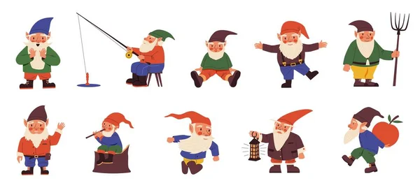 Cute gnomes. Cartoon fairy tale dwarves in different clothes with beards and hoods. Senior fabulous characters fishing or working in garden. Midgets poses. Vector kids illustration set Vector Graphics