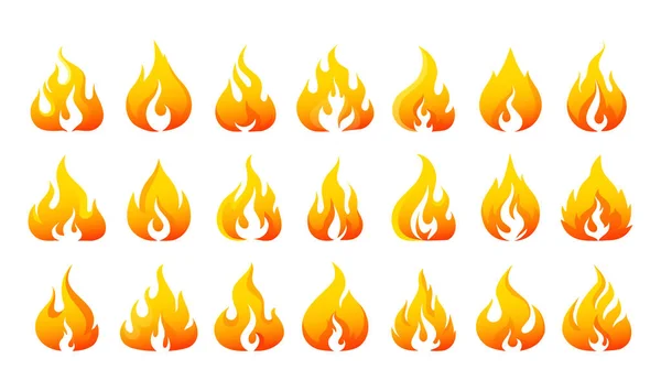Fire logo. Colorful red and orange burning flame. Hot temperature and flammable warning. Blaze elements. Ignition and combustion. Bonfire or wildfire icons. Vector flaming signs set Royalty Free Stock Illustrations