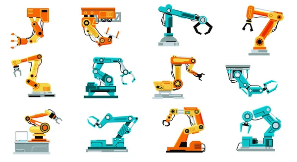 Robotic arm. Factory automatic equipment. Mechanic and hydraulic manufacture machinery. Production assembly line control hands. Conveyor manipulator machine. Vector industrial tool set Stock Vector