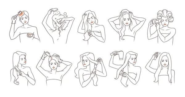 Hair care. Cartoon girl washing hair. Routine beauty shower procedures. Woman combing and making hairstyle. Cosmetic masks. Female using shampoo and conditioner. Vector haircare set Vector Graphics