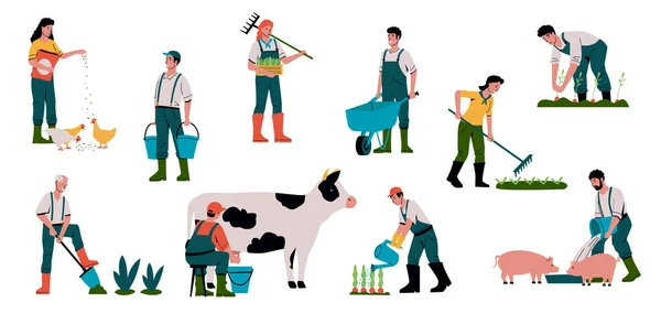 Agriculture and animal farm. Cartoon farmers work in field. People feed livestock or milk cow. Gardeners sell crops and take care of plants. Organic food. Vector farmland workers set Royalty Free Stock Vectors