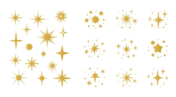 Caricatura brillante. Grupos de estrellas amarillas y doradas y elementos parpadeantes. Formas de chispas aisladas. Partículas brillantes de fuegos artificiales. Explosión destellos brillantes. Bengalas navideñas. Set de purpurina vectorial Ilustraciones De Stock Sin Royalties Gratis