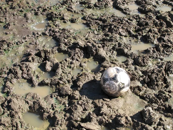 A soccer ball in a field of mud