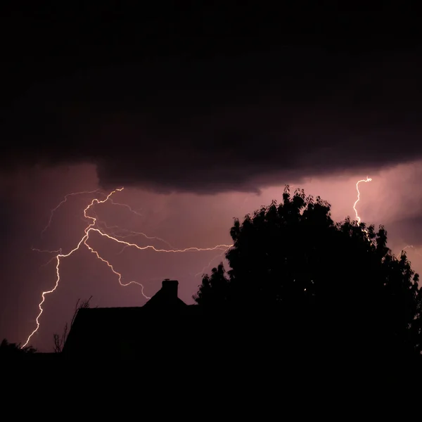 Drammatico Fulmine Soffia Temporale Estivo Dipingendo Cielo — Foto Stock