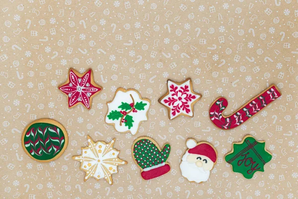 Leckere Selbst Gebackene Weihnachts Lebkuchen Auf Braunem Feiertagshintergrund Mit Kopierfläche — Stockfoto