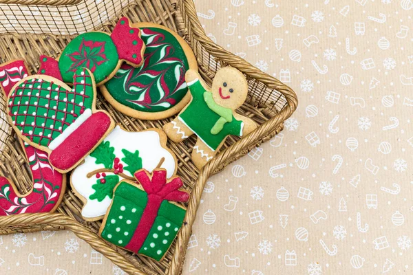 Νόστιμα Σπιτικά Χριστουγεννιάτικα Μπισκότα Σχήμα Αστεριού Flatlay Μπολ Copy Space — Φωτογραφία Αρχείου