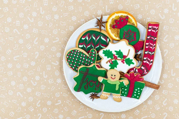 Selection Delicious Homemade Christmas Gingerbread Cookies Plate Copy Space — Stock Photo, Image