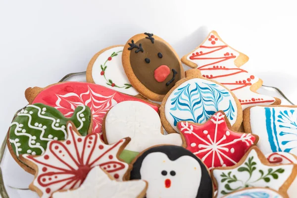 Beautiful Selection Traditionally Decorated Homemade Gingerbread Cookies Christmas Served Glass — Stock Photo, Image