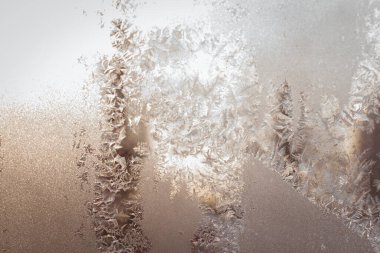 Soğuk kış sabahı, cam üzerinde buz çiçekleri, fotokopi alanı ile arka plan