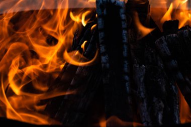 Yaz zamanı aktivitesi, açık havada yanan küçük şenlik ateşi, yakın çekim