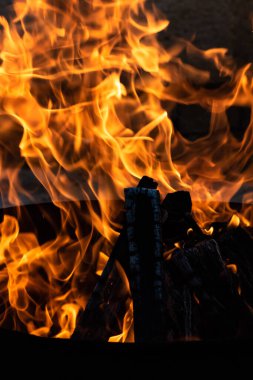 Yaz zamanı aktivitesi, açık havada yanan küçük şenlik ateşi, yakın çekim