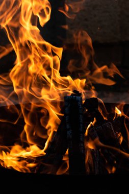 Yaz zamanı aktivitesi, açık havada yanan küçük şenlik ateşi, yakın çekim
