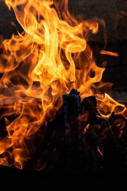 Yaz zamanı aktivitesi, açık havada yanan küçük şenlik ateşi, yakın çekim