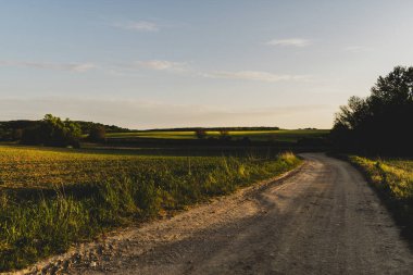 İlkbaharda kırsal alanda toprak yol ve tarlalar, gün batımı manzarası