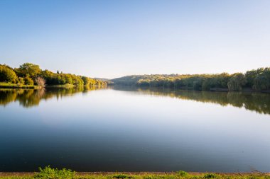 Pecs, Macaristan, Avrupa yakınlarındaki güzel bir gölün sularına yansıyan düşen ağaçların ideolojik manzarası