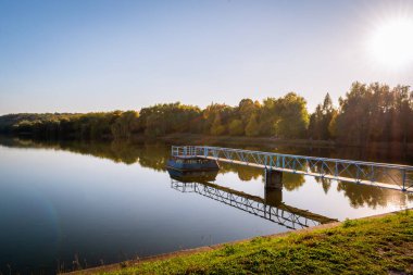 Pecs, Macaristan, Avrupa yakınlarındaki güzel bir gölün sularına yansıyan düşen ağaçların ideolojik manzarası