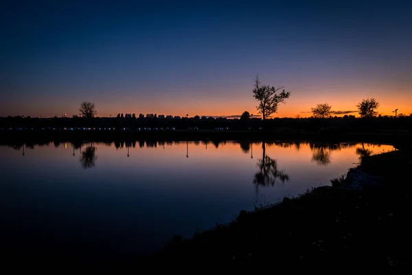 Riflesso Albero Nello Stagno Intorno Crepuscolo Tuskesret Pecs Ungheria — Foto Stock