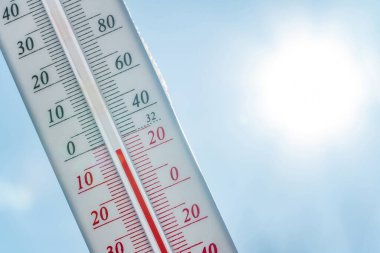 Karda termometre. İklim, hava, hava durumu. Dışarıdaki sıcaklıklar. Kardaki termometre sıfırın altında sıcaklık gösteriyor. Düşük sıcaklıklar Celsius 'ta ve karlı havada fahrenhayt' ta