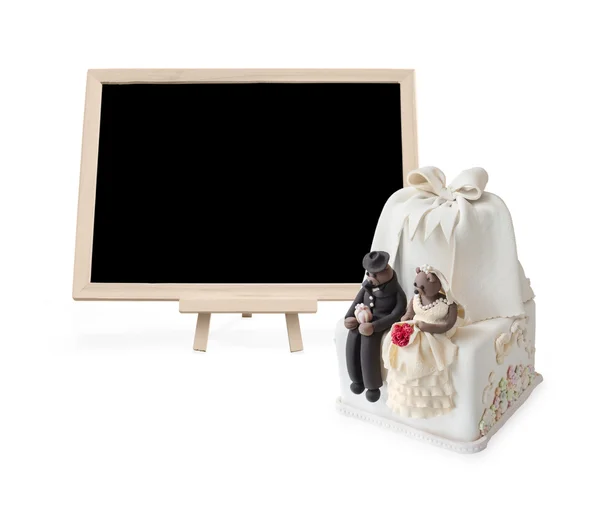 Wedding cake with blank blackboard — Stock Photo, Image