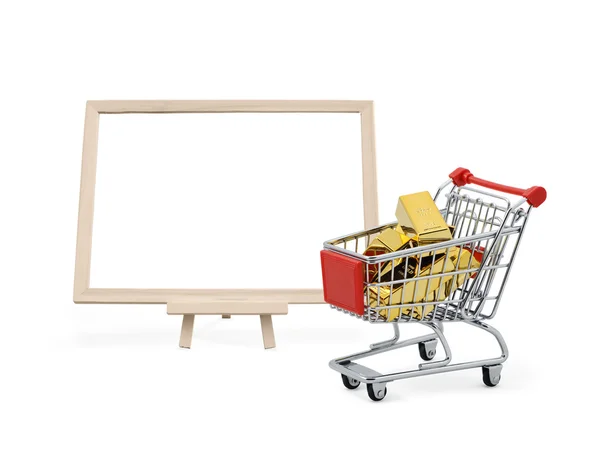 Barra de oro en el carrito de compras con tablero en blanco —  Fotos de Stock