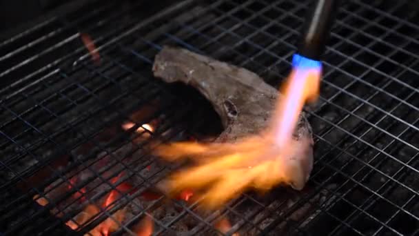 Pálení Vepřových Steaků Hořícím Grilu — Stock video