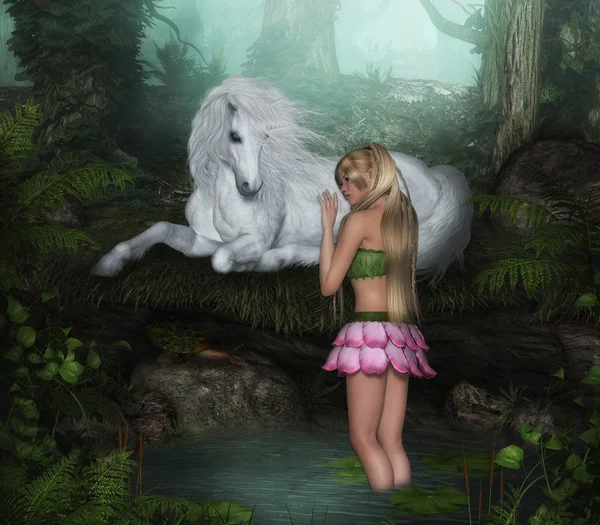 Flower Fairy with White Unicorn — Stock Photo, Image