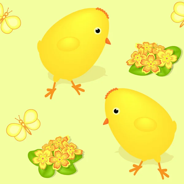 Chicks and primroses seamless texture with green bg — Stock Vector