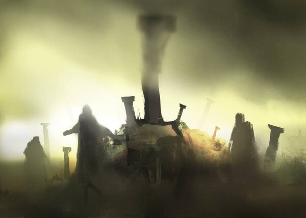 Digital painting of humans adoring a screw as a god in the night sky, fog. the smoke, storytelling