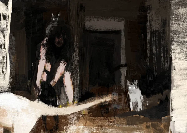 一个疯婆子带着她的猫在家里的数字图像 图库图片