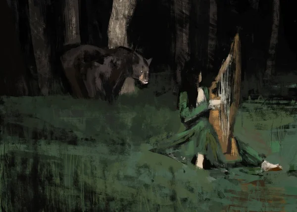 一个女人在森林里弹奏竖琴 一只好奇的熊从森林里爬出来 讲故事的数字绘画 图库图片