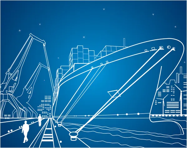 Port maritime néon, port de lignes vectorielles — Image vectorielle