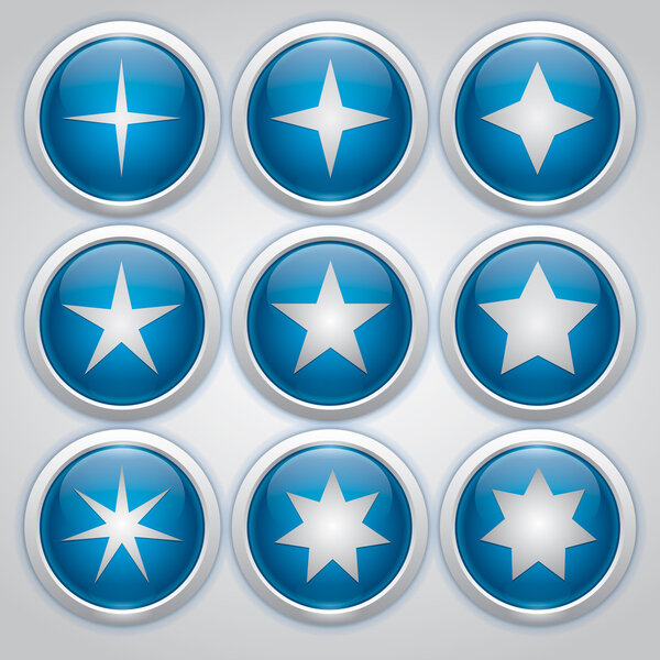 Nine blue glossy icons strars, vector buttons with stars