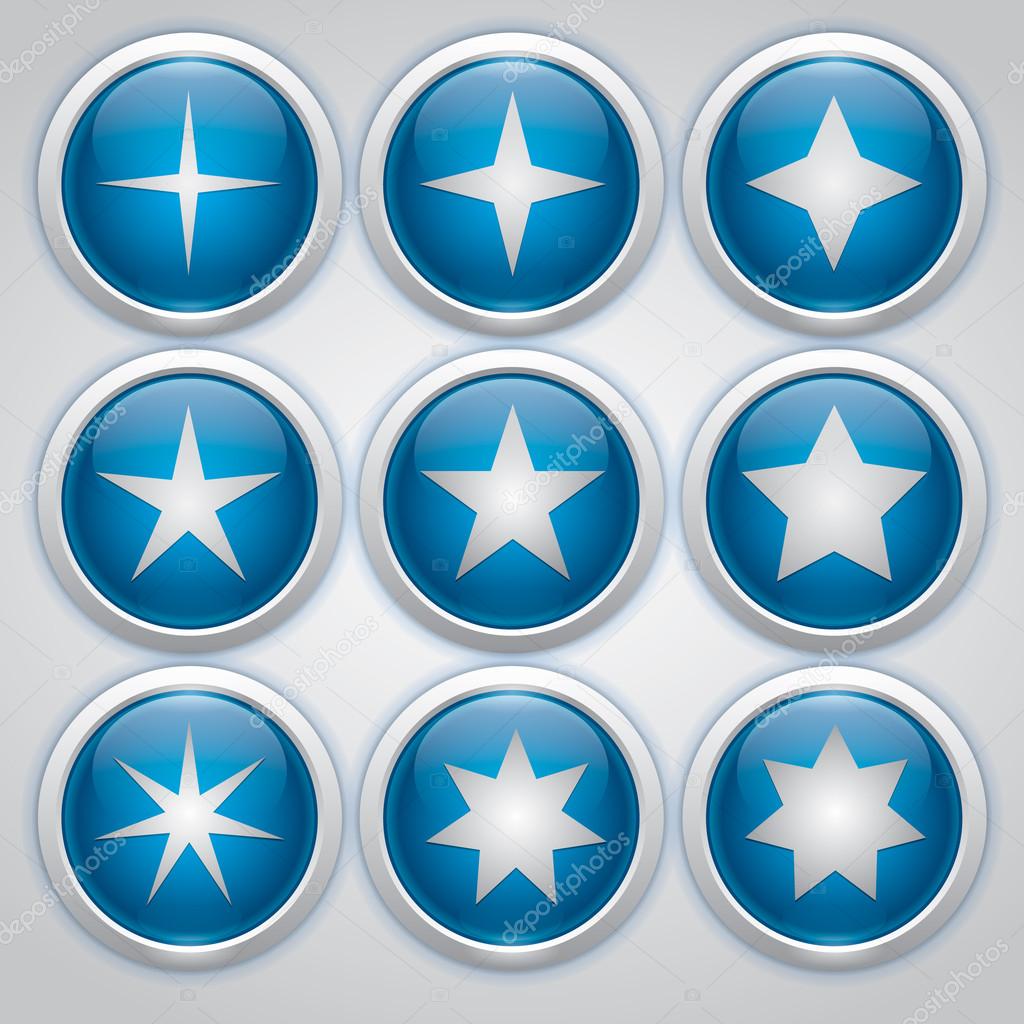 Nine blue glossy icons strars, vector buttons with stars