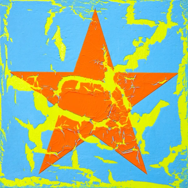 Sztuka farba gwiazda, pęknięty obrazu, pomarańczowy gwiazda na powierzchni niebieski — Zdjęcie stockowe