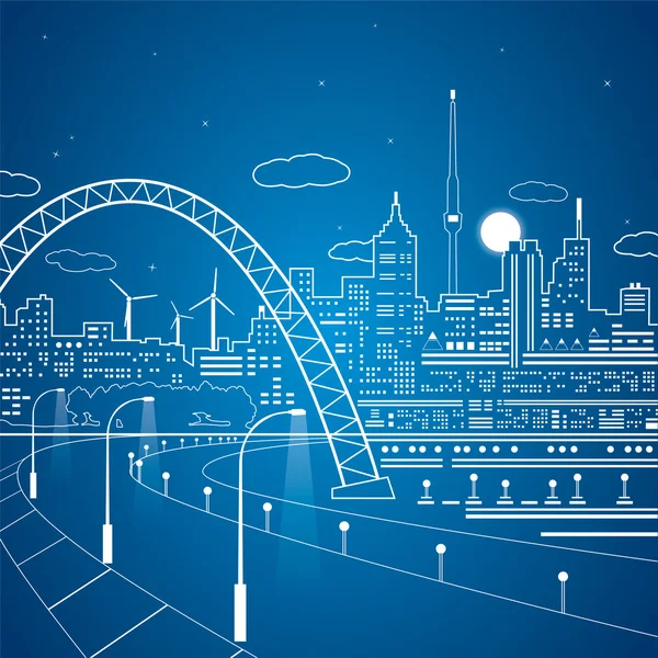 Ciudad de las líneas de neón, camino bajo el puente, ciudad de vector — Vector de stock